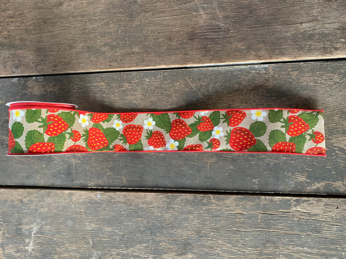 2.5 inch by 10 Yard Natural Linen Strawberries Flowers Ribbon