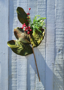 24" Silk Magnolia Leaf and Berry Stem