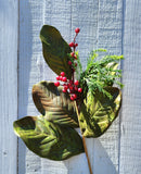 24" Silk Magnolia Leaf and Berry Stem