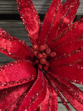 19" Wired Red Glitter Poinsettia Stem