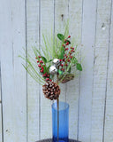 Faux Christmas Green Berry Pine Cone and Bell Stem