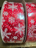 1.5" or 2.5" Wired Red with White Glitter Snowflakes 50yd Ribbon Roll
