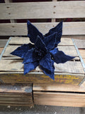 16" Navy Blue Velvet Wired Poinsettia 14" Wide