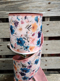 4" Wired Blue and Pink Floral Print Ribbon 10Yd Roll