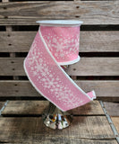 4" Wired Snowy Edge Pink with Glitter Snowflakes 10yd Roll