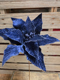 16" Navy Blue Velvet Wired Poinsettia 14" Wide