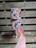 4" Wired Blue and Pink Floral Print Ribbon 10Yd Roll