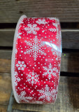 1.5" or 2.5" Wired Red with White Glitter Snowflakes 50yd Ribbon Roll