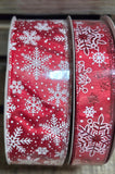 1.5" or 2.5" Wired Red with White Glitter Snowflakes 50yd Ribbon Roll