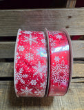 1.5" or 2.5" Wired Red with White Glitter Snowflakes 50yd Ribbon Roll