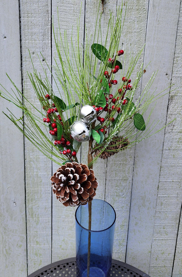 Faux Christmas Green Berry Pine Cone and Bell Stem