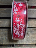 1.5" or 2.5" Wired Red with White Glitter Snowflakes 50yd Ribbon Roll