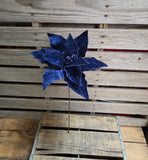 16" Navy Blue Velvet Wired Poinsettia 14" Wide