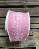4" Wired Snowy Edge Pink with Glitter Snowflakes 10yd Roll