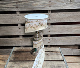 2.5" Beige and White Magnolia Wired Ribbon 50 yd Roll