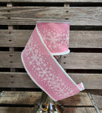 4" Wired Snowy Edge Pink with Glitter Snowflakes 10yd Roll