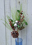 Faux Christmas Green Berry Pine Cone and Bell Stem