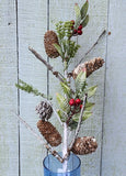 Faux Greenery, Pine Cone and Berry Stem