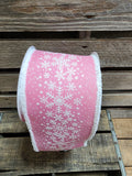 4" Wired Snowy Edge Pink with Glitter Snowflakes 10yd Roll