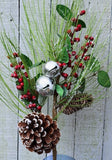 Faux Christmas Green Berry Pine Cone and Bell Stem