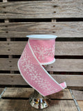 4" Wired Snowy Edge Pink with Glitter Snowflakes 10yd Roll