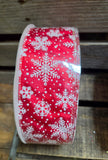 1.5" or 2.5" Wired Red with White Glitter Snowflakes 50yd Ribbon Roll
