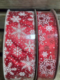1.5" or 2.5" Wired Red with White Glitter Snowflakes 50yd Ribbon Roll
