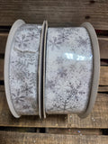 1.5" or 2.5" Wired 50 yd white Satin with Glitter Snowflakes