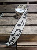 2.5" Beige Linen with Musical Notes Wired Ribbon 10yd Roll