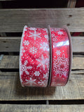 1.5" or 2.5" Wired Red with White Glitter Snowflakes 50yd Ribbon Roll