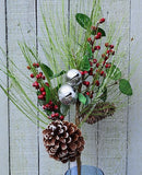 Faux Christmas Green Berry Pine Cone and Bell Stem