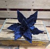 16" Navy Blue Velvet Wired Poinsettia 14" Wide