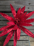 19" Wired Red Glitter Poinsettia Stem