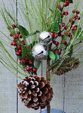 Faux Christmas Green Berry Pine Cone and Bell Stem