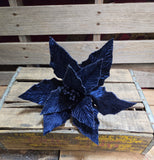 16" Navy Blue Velvet Wired Poinsettia 14" Wide