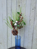 Faux Christmas Green Berry Pine Cone and Bell Stem