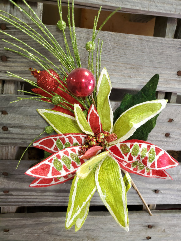 Poinsettia and Ball Green and Red Pick