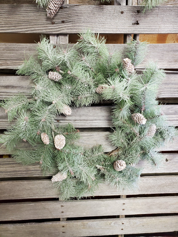 Flocked Artifical Pine Wreath with Pine Cones