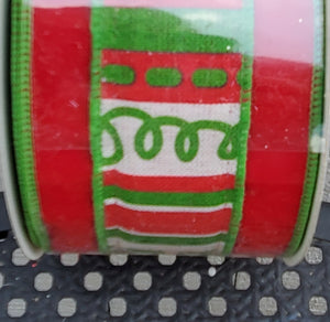 2.5" Red and Green Swirl Wired Ribbon with a Red Solid Edge 10 yd