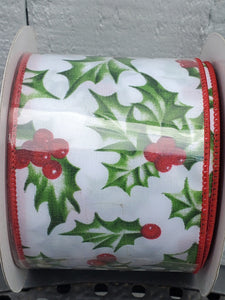 2.5" Satin Wired Holly Ribbon 10yd