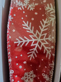 1.5" or 2.5" Wired Red with White Glitter Snowflakes 50yd Ribbon Roll