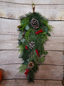 32" Mixed Faux Pine Teardrop with Berries and Cones