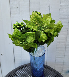 15" Glitter Green Poinsettia Bush with Berry