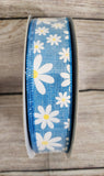 1.5" Blue Wired Linen with Daisies Ribbon 50 yd Roll