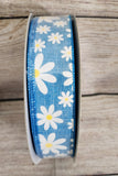 1.5" Blue Wired Linen with Daisies Ribbon 50 yd Roll