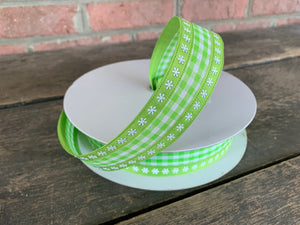 Green Plaid Daisy Ribbon with Satin Edge 1.5" X 50 Yards