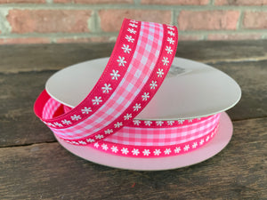 Pink Plaid Daisy Ribbon with Satin Edge 1.5" X 50 Yards