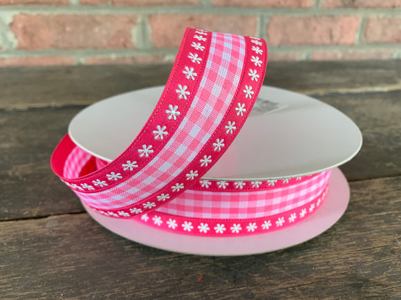 Pink Plaid Daisy Ribbon with Satin Edge 1.5