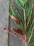 28" Needle Long Pine Spray with Pinecones and Red Pep Berries