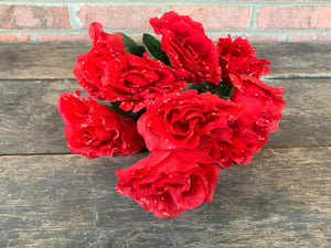 19" Red Open Rose Bush x14 with Water Droplets